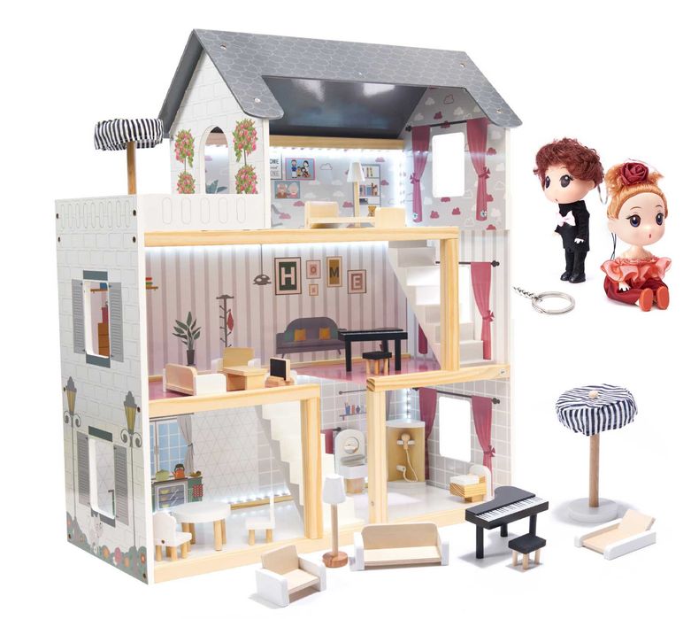 Domek dla lalek drewniany + 2 LALKI mebelki 78cm oświetlenie LED