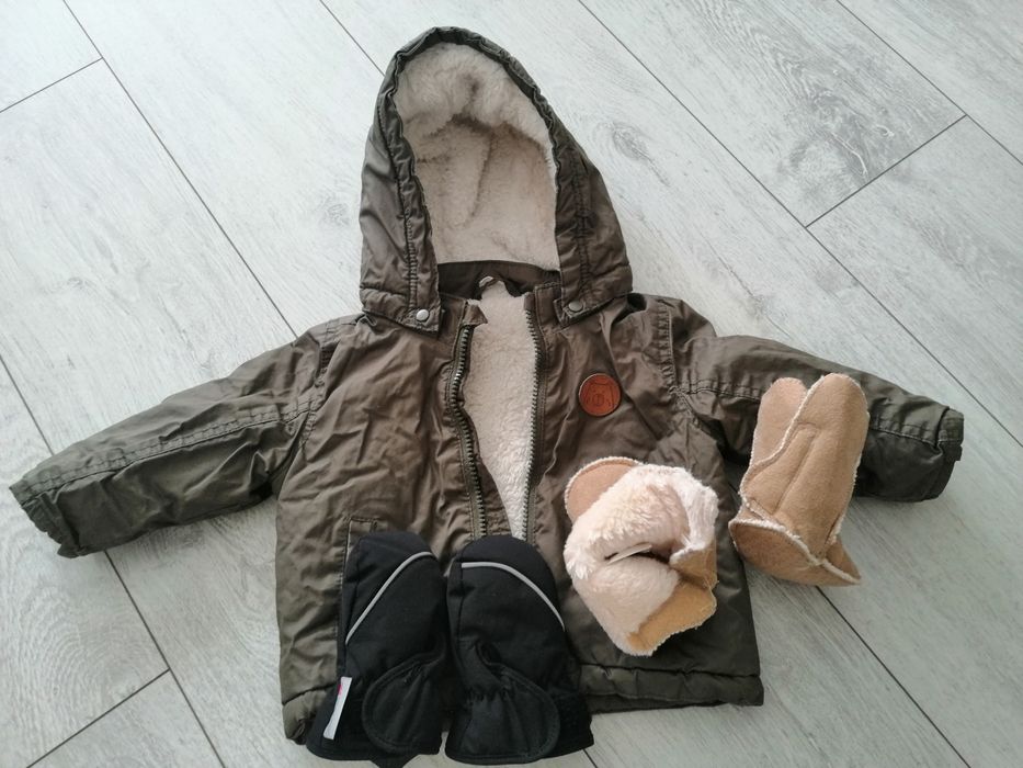 Kurtka na zimę ocieplana dla chłopca buciki ciepłe rękawiczki H&M 68