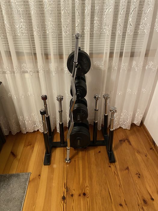 ZESTAW SIŁOWNIA hantle + gryf + 84 kg + stojak