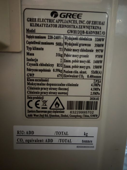 Jednostka zewnętrzna klimatyzacji GREE GWH12QB-K6DNB8I/O. 2 szt
