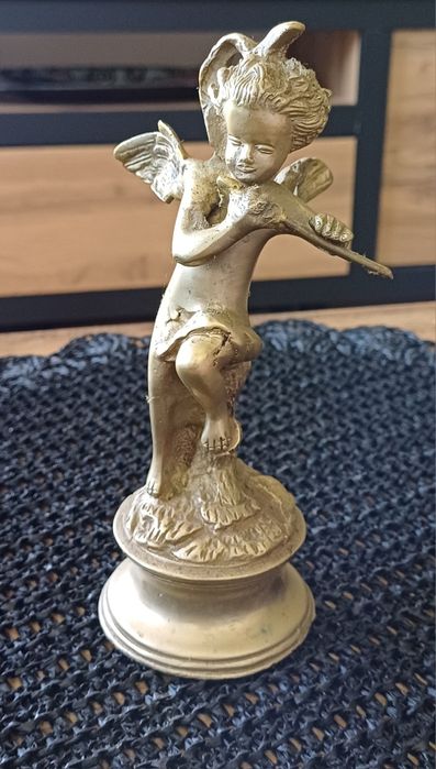 Mosiężna Figurka Putta / Aniołka z Lutnią - Vintage / Wypoczynek
