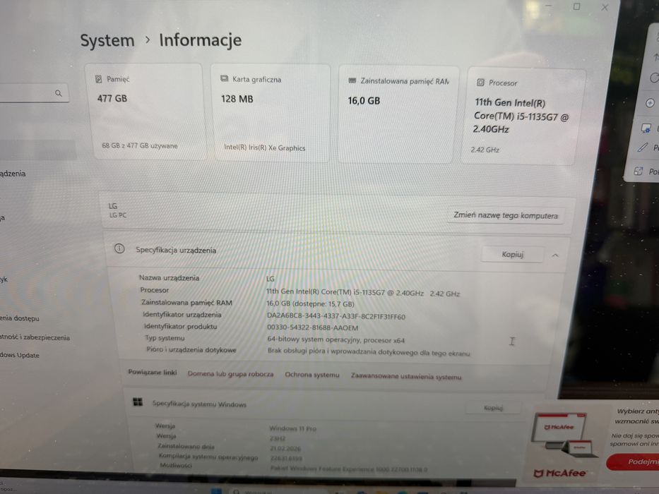 777/ laptop LG Gram 1.35kg i5 11gen 16/512 win11 17”