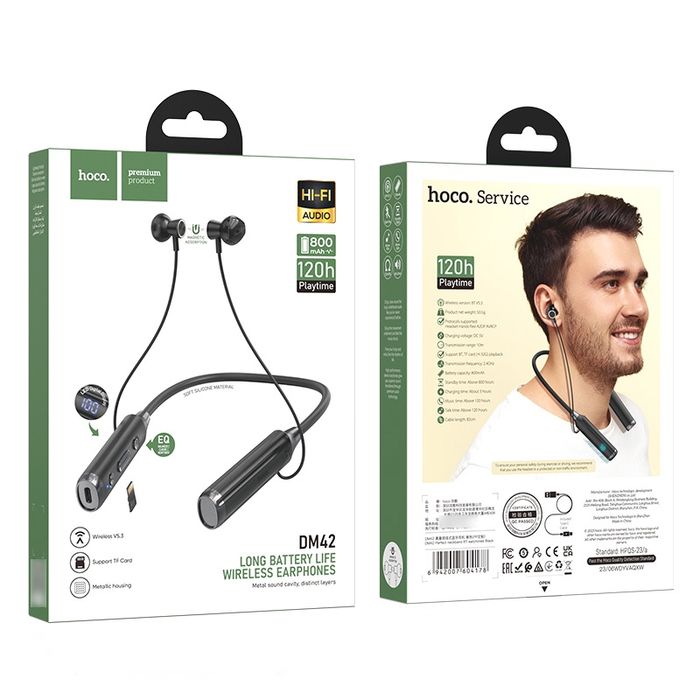 Bluetooth Наушники Sport 120 часов  Hoco DM42 LED экран +  Micro-SD