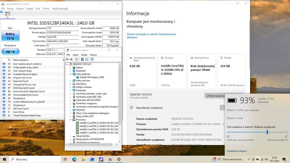 HP 6560,SSD 240 GB/8 G RAM/ mat. 1600x900, Core i3