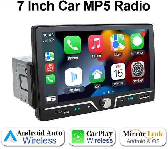 autorádio gaveta 1din mas ecrã com 7" sem fio android auto carplay NOVO