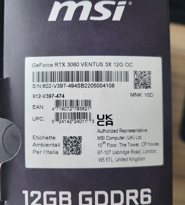 MSI RTX 3060 12 GB ventus 3X oc