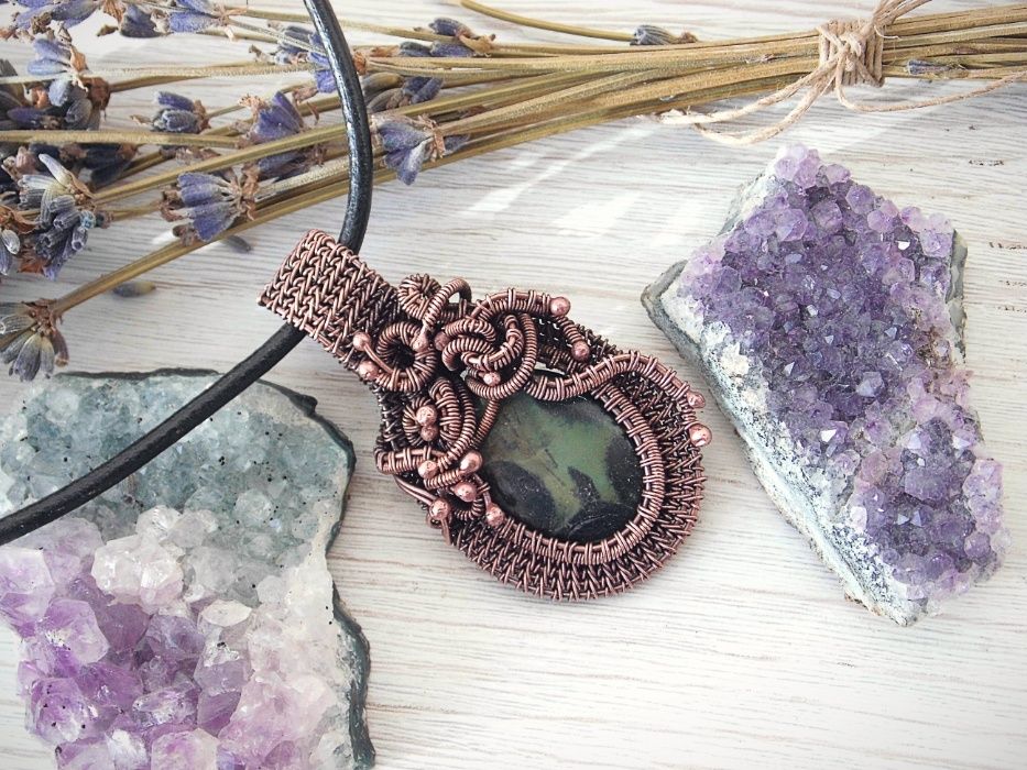 Wisiorek, jaspis kambaba, miedź, wire wrapping