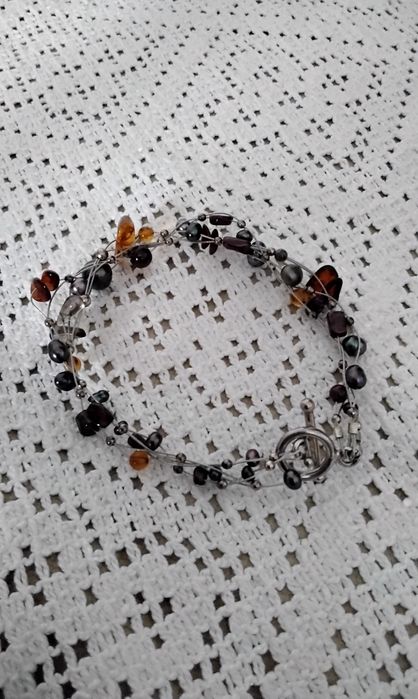 Srebrna bransoletka 925 perly bursztyny