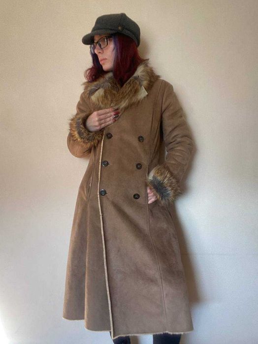 Тепла бежева дублянка штучна, вінтажне пальто, хутро, y2k,