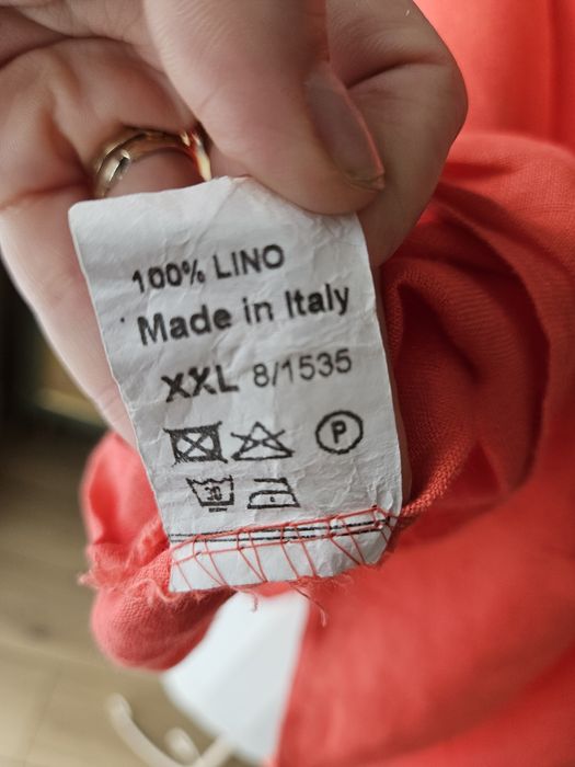 Koralowa lniana bluzka damska  z ozdobną aplikacją – 100% len, XL/X