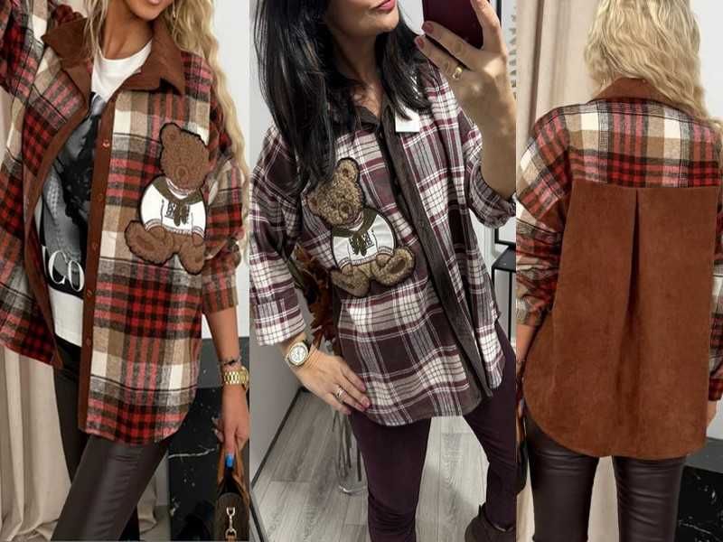 Italy nowa świetna koszula wełna  krata flanelka prążek Miś teddy