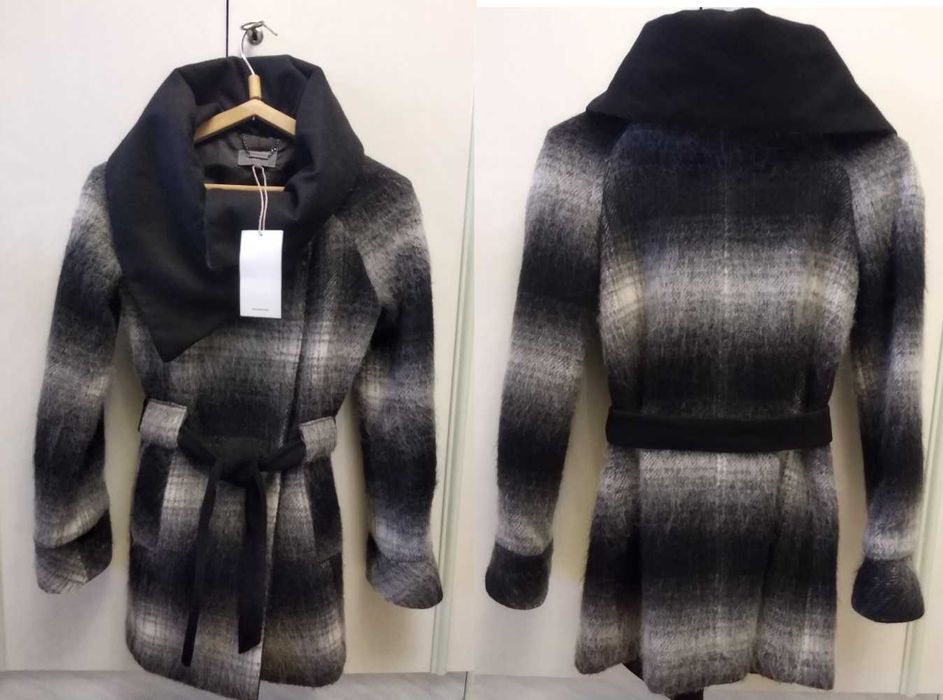 Пальто сіре в клітинку, серое пальто в клетку 30% шерсть пальто халат