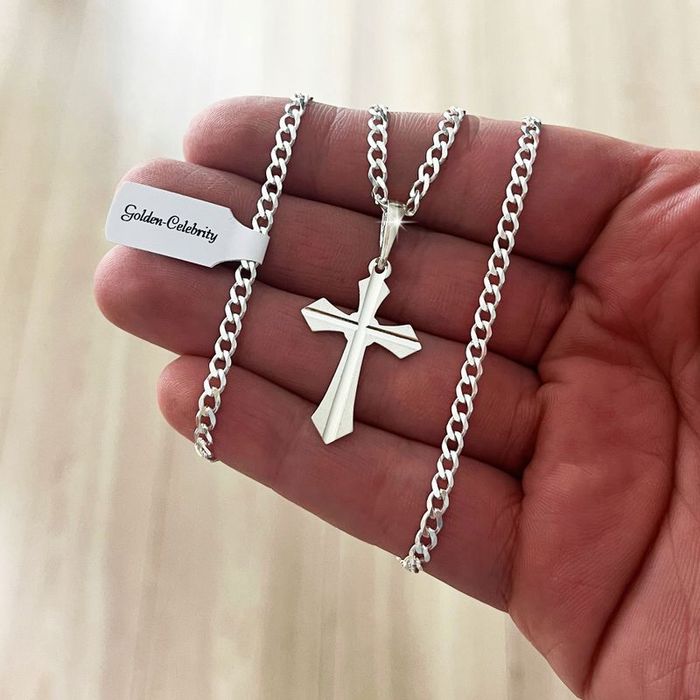Srebrny Łańcuszek Męski Pancerka Z Krzyżykiem Diamentowany 55 Cm Grawe