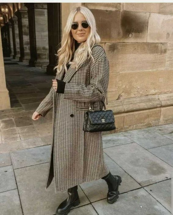 Płaszcz Zara wełna wełniany krata kratka szeroki oversize rozm XS-S