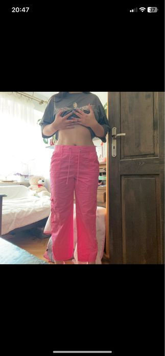 Vintage retro 90’s 00’s spodnie cargo hot pink barbie lato wiosna M/L