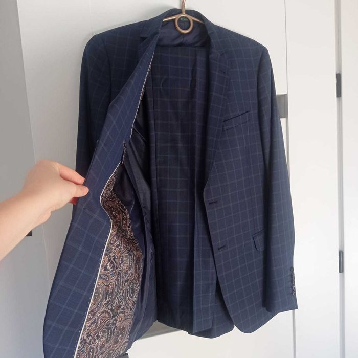 Garnitur w kratę granatowy ślub wesele elegancki wełna