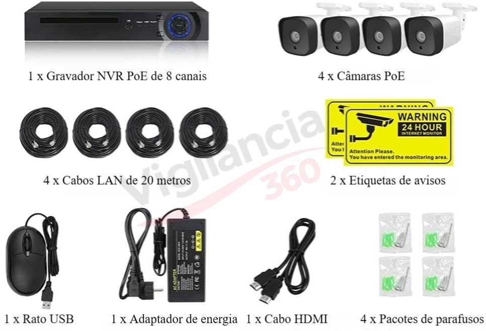 Kit Videovigilância 4K 8MP PoE 4 Câmaras Reconhecimento Facial - NOVO