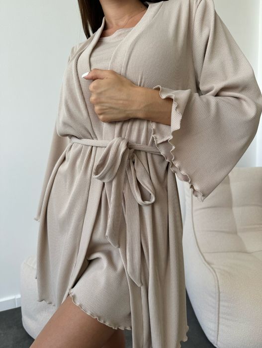 Набір 3 в 1 в рубчик піжама + халат топ шорти