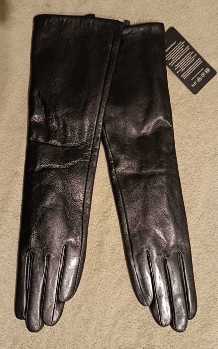 Rękawiczki skórzane damskie długie czarne - wyprzedaż