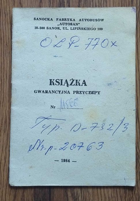 Karta gwarancyjna D732 przyczepa D-732 Autosan Sanok