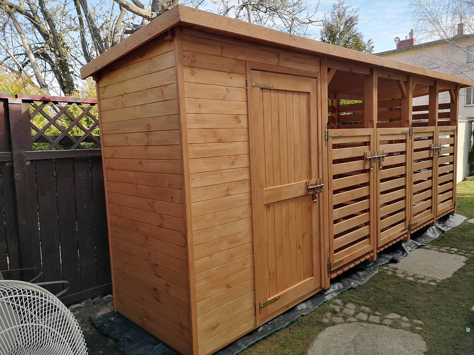 Domek narzędziowy 1,5 x 1,1m + drewutnia podwójna, wiata drewniana
