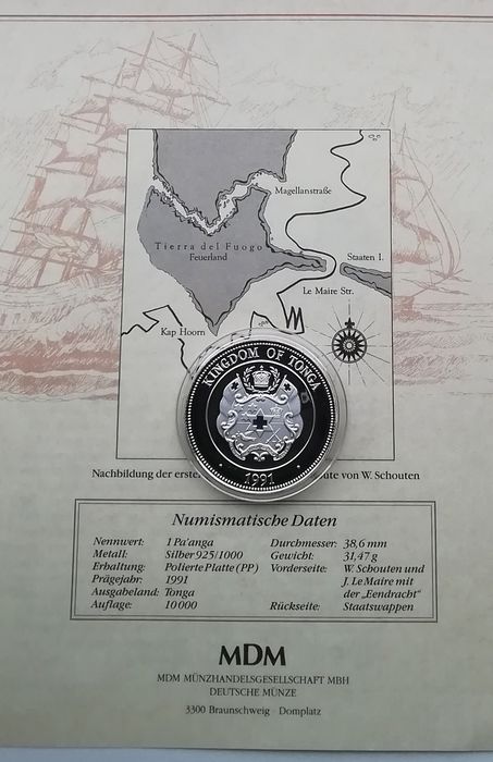 Тонга 1 паанга 1991р. СРІБЛО. ПРУФ. Сертифікат. Вільям Шутен.
