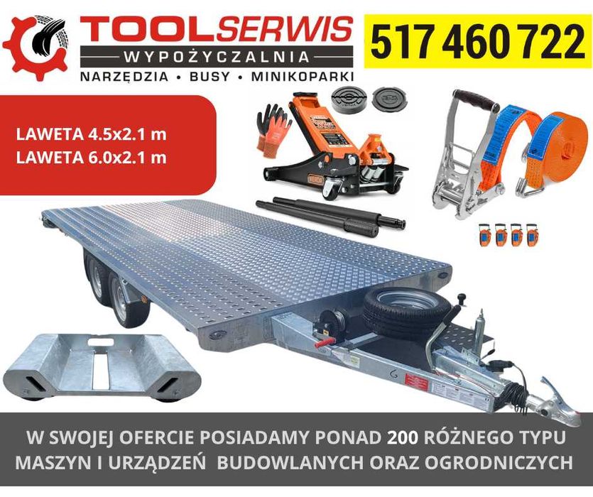 Wynajem wypożyczalnia przyczep lawet laweta  transport 4.5x2 rolki pas