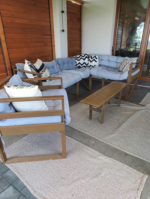 Meble ogrodowe drewniane narożnik fotel ławeczka wodoodporne poduchy