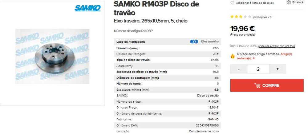 Discos de travão  RENAULT Laguna/Safrane - SAMKO R1403P