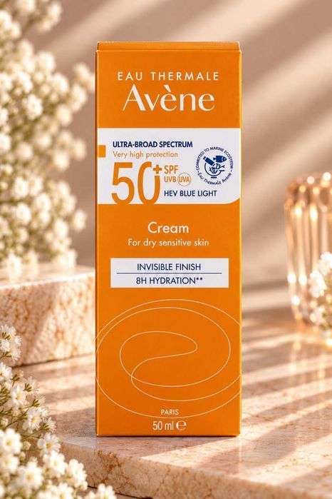 Сонцезахисний крем Avène SPF50+ для сухої та чутливої шкіри 50 мл / UVA UVB / HEV Blue Light / зволоження 8 год / оригінал