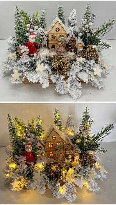 Stroik świąteczny zimowa wioska z domkami LED Mikołaj dzieci