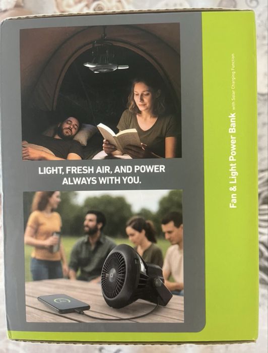 Fan with 4000 mAh Power Bank, adjustable light and solar charging