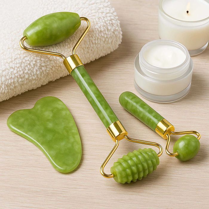 Masażer jadeitowy roller do twarzy szyi pod oczy kamień gua sha 3w1
