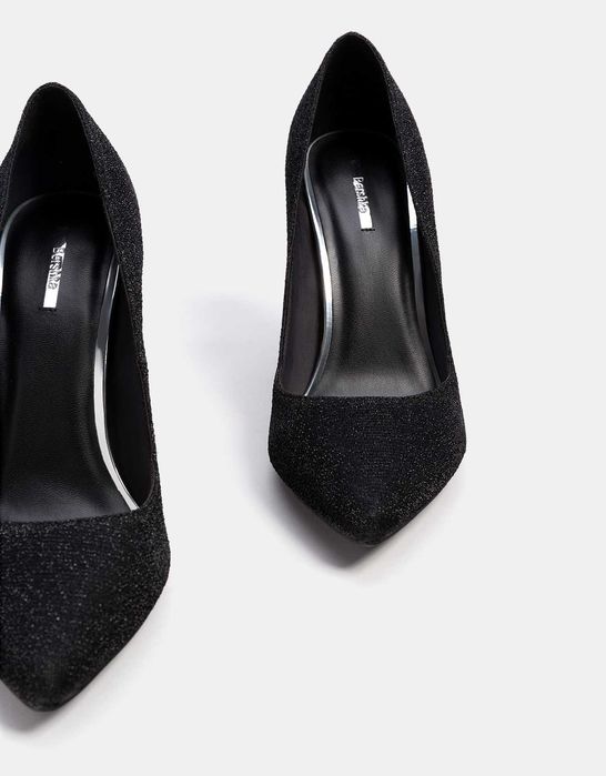 BERSHKA szpilki CZARNE srebrna nitka BŁYSZCZĄCE 36