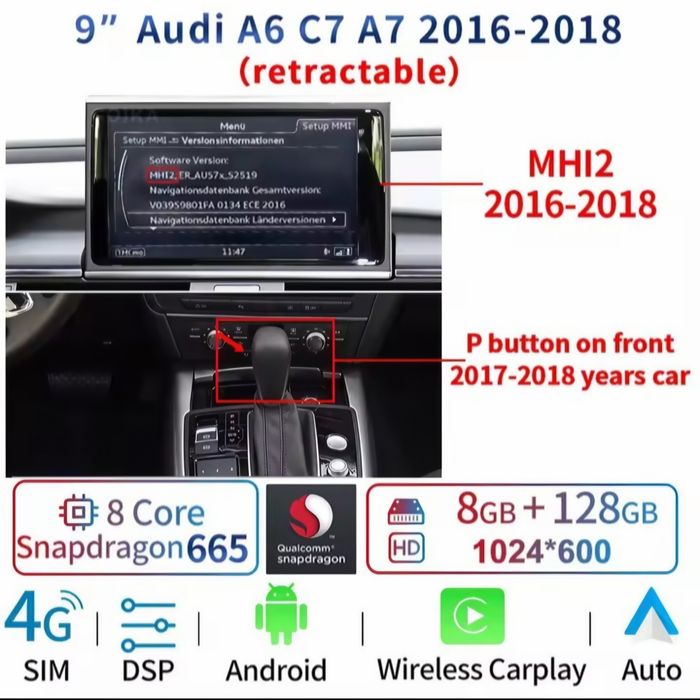 8+128GB, Android 12, CarPlay+Android auto, 1920*720, 8 core, 9", 4G LT