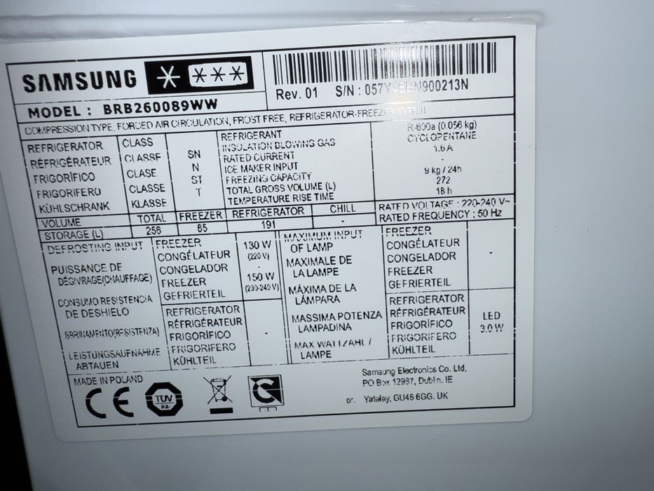 Lodówka Samsung do zabudowy, No frost, BRB260089WW - niesprawna
