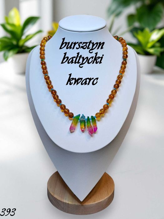 Korale z bursztynu, bursztyn bałtycki, kwarc, agat, kulka koniak #393
