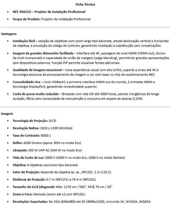 Projetor profissional Full HD nativo (compatível com 3D) NEC PA622UG