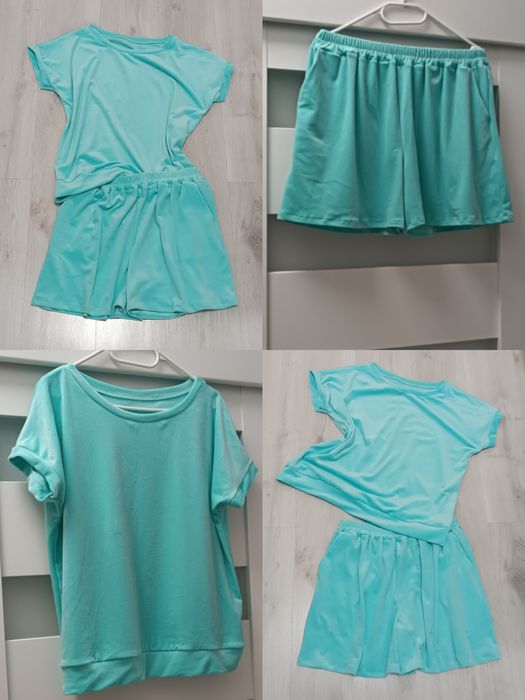 Dres uni na S M L xl komplet welur na lato krótki lazur pastelowy