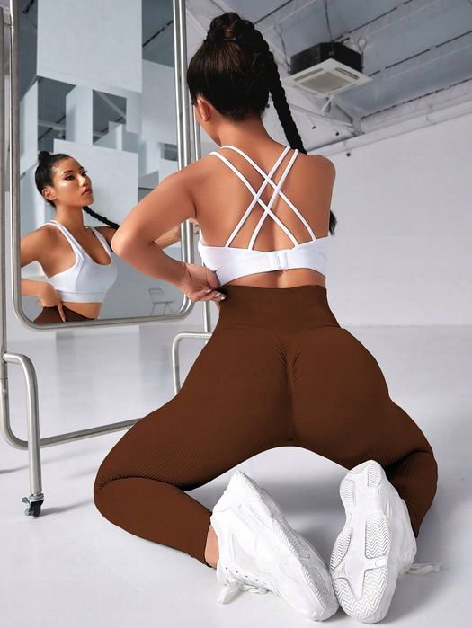 Legginsy Sportowe Prążkowane Z Wysokim Stanem Brązowe Shein M 38