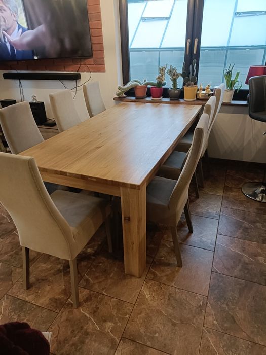 Stół dębowy rozkładany 200–370 cm + 9 krzeseł