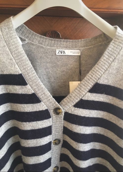 ZARA Sweter szary rozpinany kardigan w paski oversize 100 % wełna M