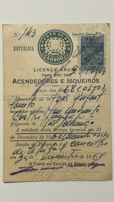 Antiga licença para uso de isqueiros e acendedores