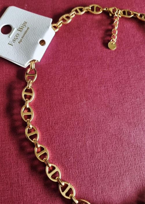 Colar/gargantilha dourada, em aço inoxidável. Tem extensor