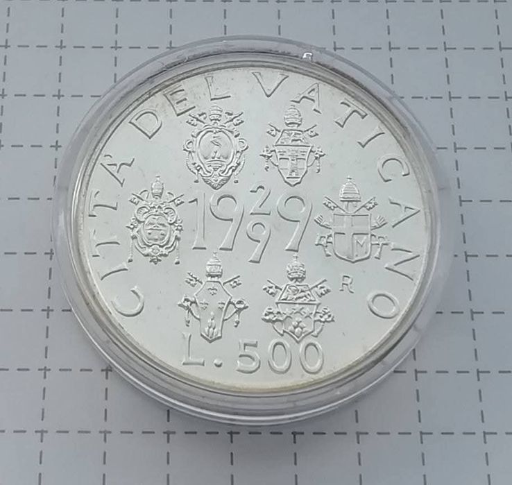 Ватикан 500 лір 1999р. СРІБЛО . 70 років - Незалежність Ватікана. Сертифікат.