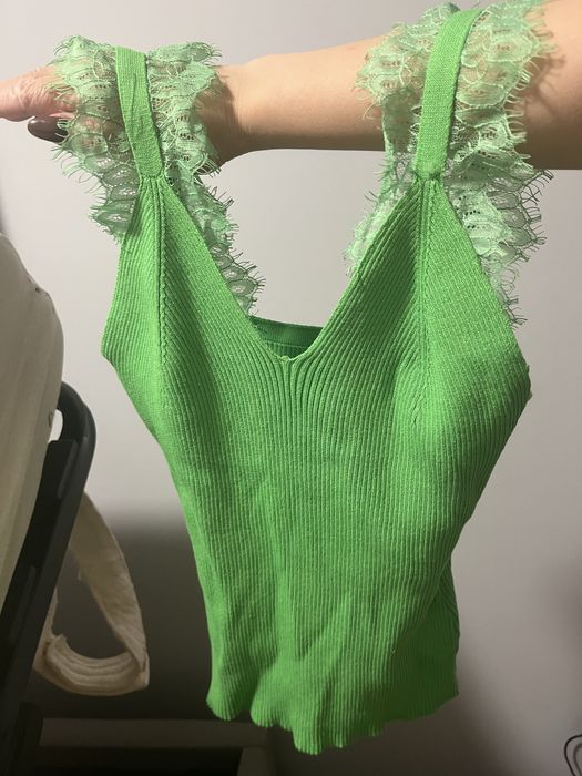 Top ramiączka koronkowe zielony dzianina prążek prążkowana