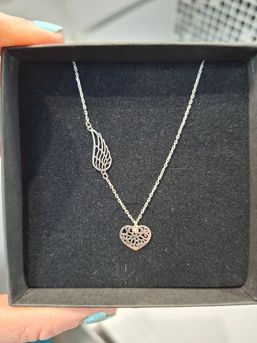 Celebrytka srebro 925 naszyjnik ażurowe serce skrzydło YES