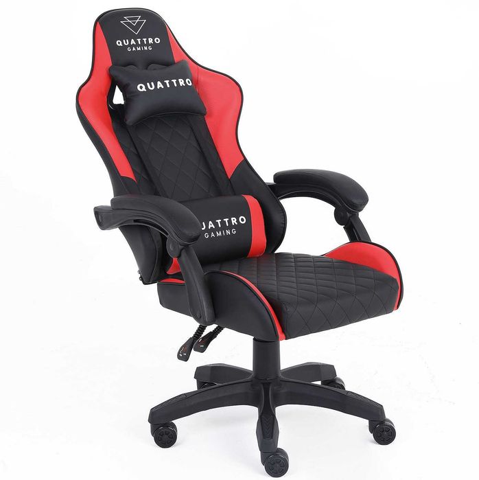 Fotel Gamingowy Quattro Carbon Red z Wysuwanym Podnóżkiem i Pikowanym Obiciem