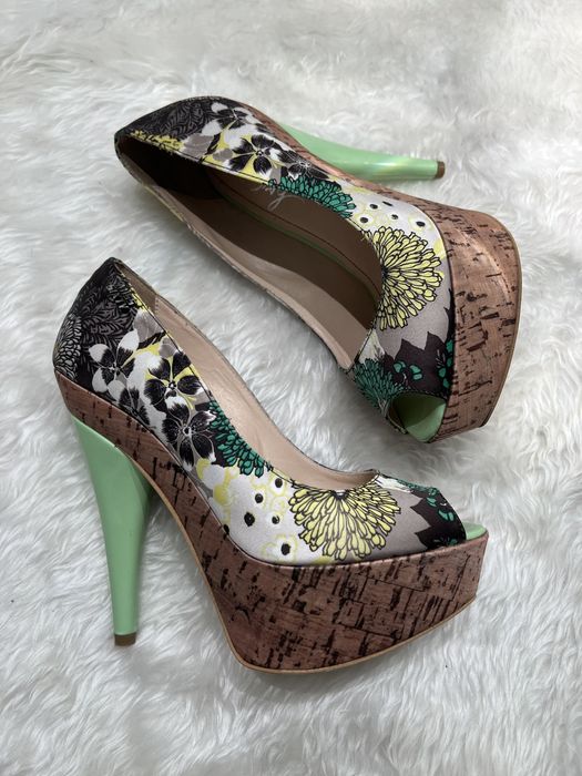 Miss Sixty szpilki satynowe zielone na platformie wysokie 00s