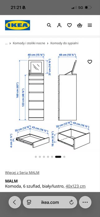 Ikea Malm komoda biała 6 szuflad/lustro 40x123